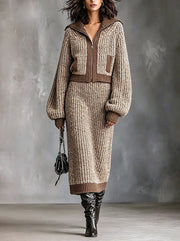 Ensemble cardigan zippé jupe camel — vue portée en pied, bottes noires et petit sac noir