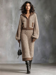 Ensemble cardigan zippé jupe camel — vue portée en pied de trois-quarts, fond sombre
