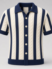 Chemise maille rayée bordures contrastées — vue à plat, bordures bleu marine au col et aux manches