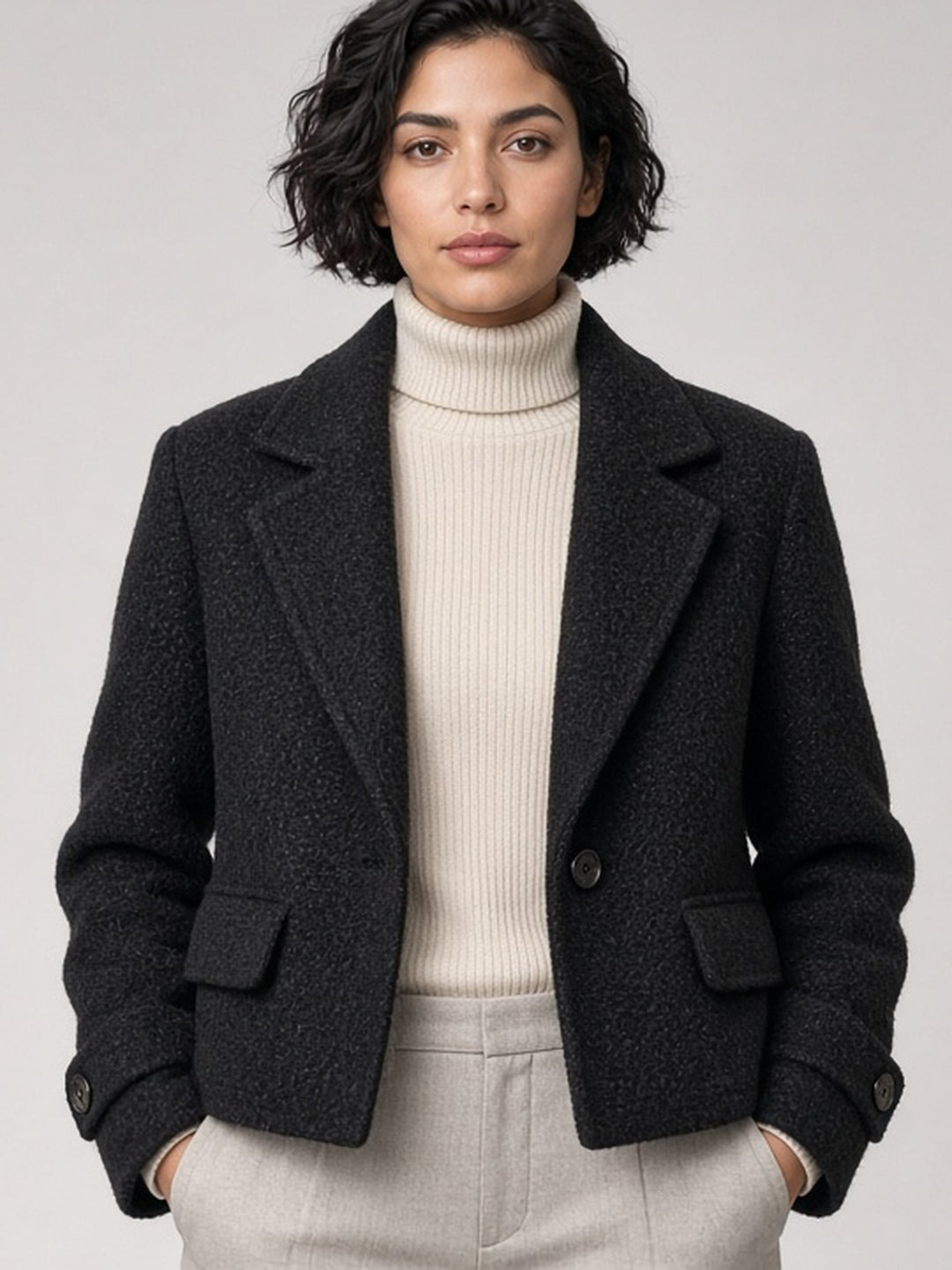 Veste courte noire à larges revers — vue de face