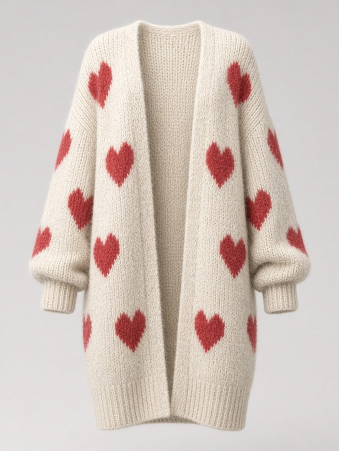 Cardigan long blanc cassé à cœurs rouges — vue de face