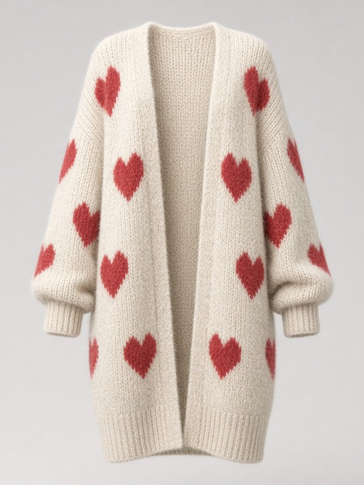Cardigan long blanc cassé à cœurs rouges — vue de face