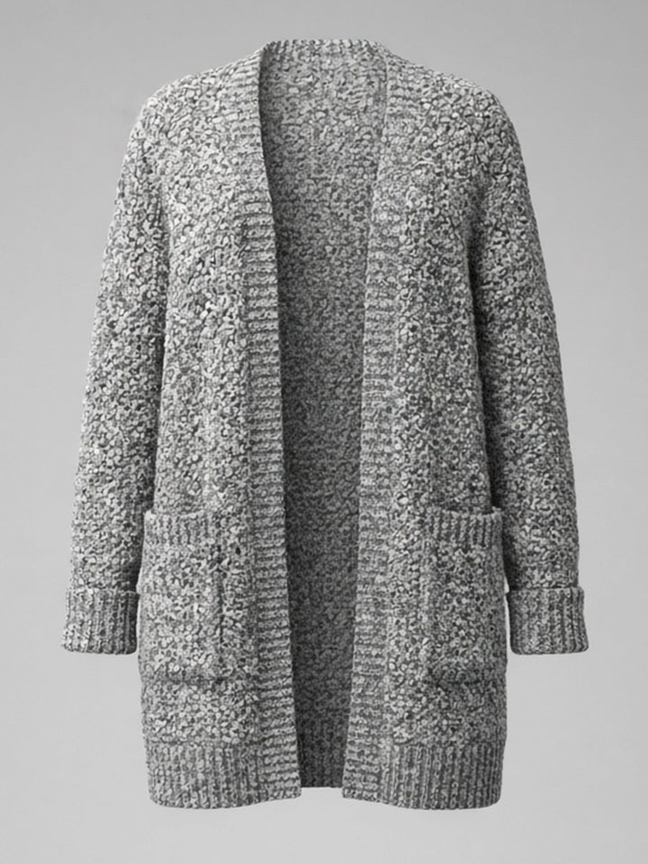 Cardigan gris chiné ouvert à poches plaquées — vue de face