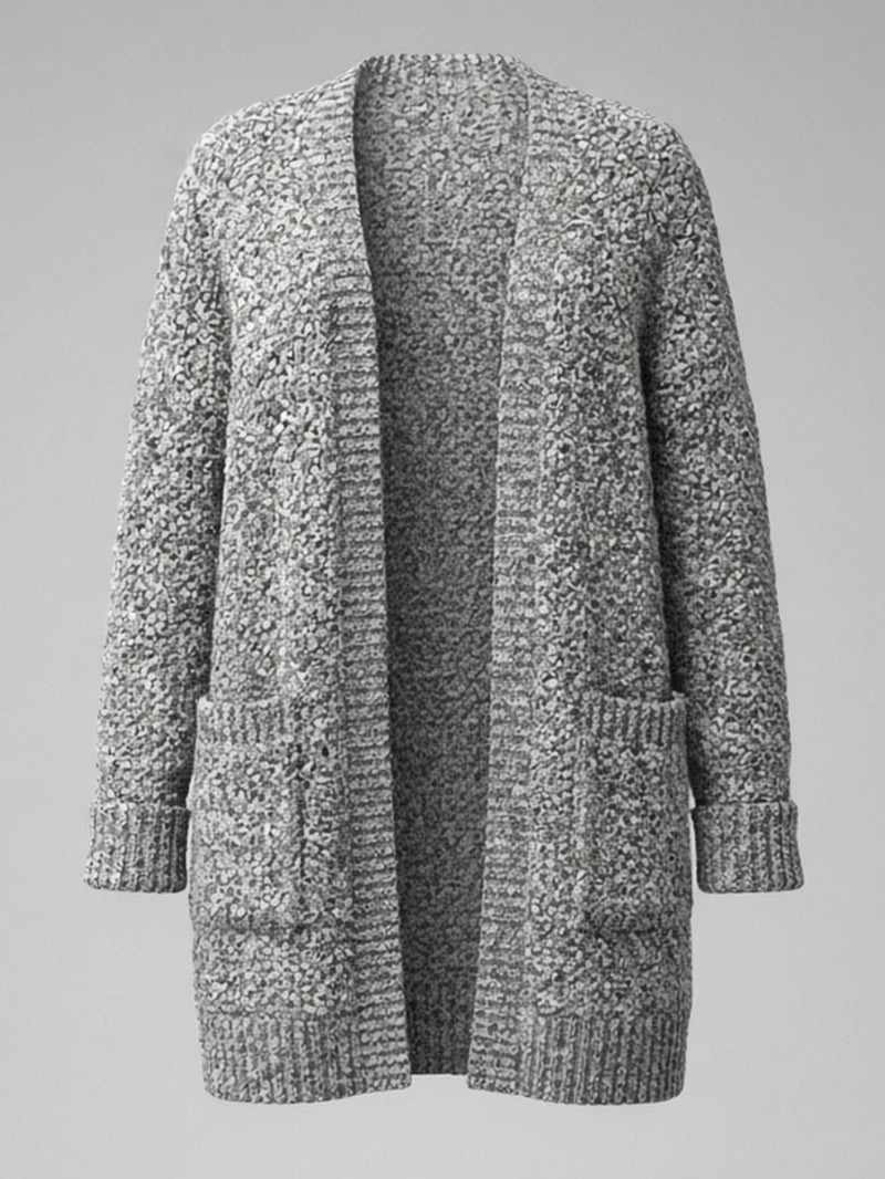 Cardigan gris chiné ouvert à poches plaquées — vue de face