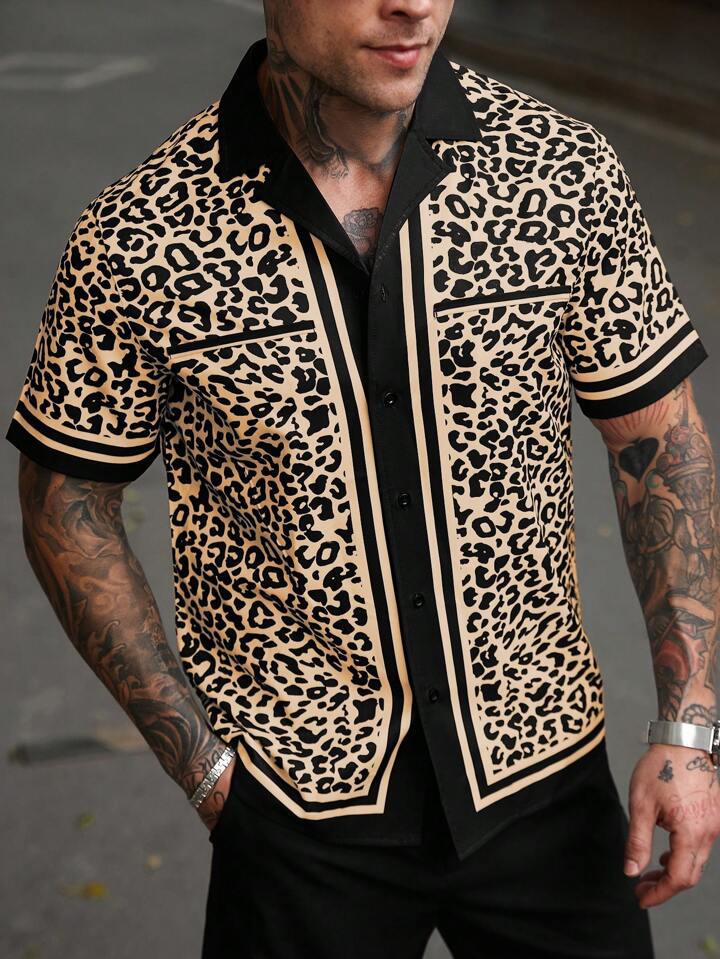 Chemise léopard manches courtes beige — vue portée de face