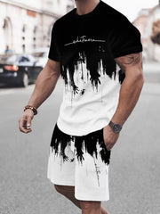 Ensemble t-shirt géométrique et short — vue portée de trois-quarts, en extérieur
