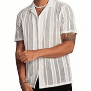Chemise semi-transparente à manches courtes blanc — vue portée de trois-quarts, plan taille