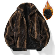 Veste brune zippée à col relevé, vue de face ouverte ; graphique de flamme à côté de la pièce.