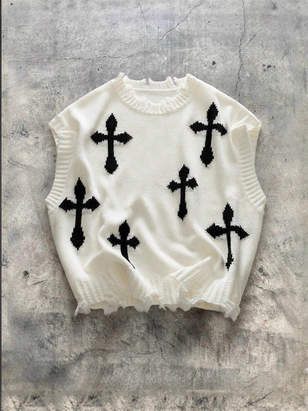 Pull sans manches motifs croix blanc — vue à plat
