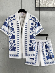 Ensemble chemise ethnique et short blanc et bleu — vue accrochée au mur, de face