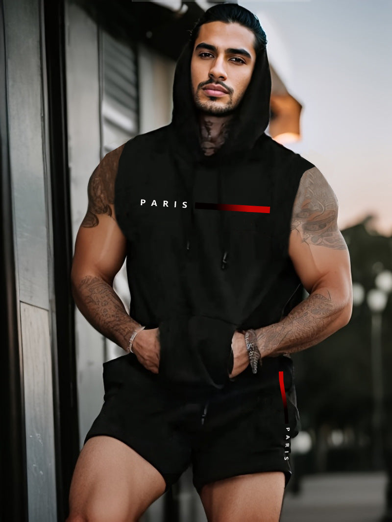 Ensemble gilet capuche short noir — vue portée de face