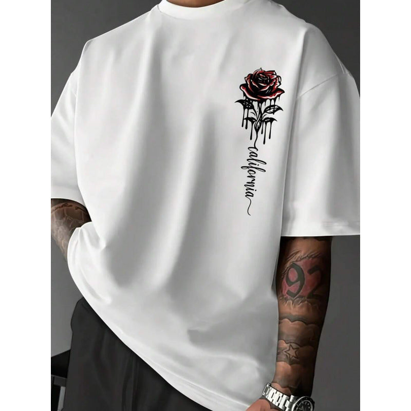T-shirt décontracté trois coloris blanc — vue portée de face, motif de rose rouge sur la poitrine