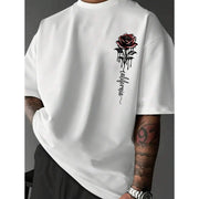 T-shirt décontracté trois coloris blanc — vue portée de face, motif de rose rouge sur la poitrine
