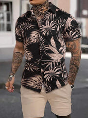 Ensemble short à cordon — vue portée de face, chemise à palmes beiges et short