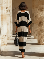 Robe maxi rayures beiges noires — vue portée en pied, de dos