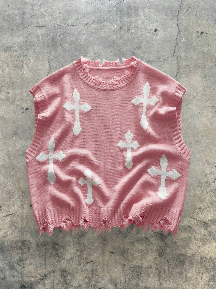 Pull sans manches motifs croix rose — vue à plat