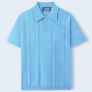 Polo en maille extensible bleu clair — vue à plat, de face