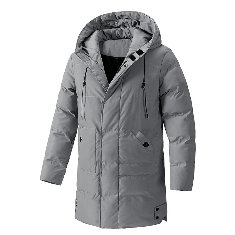Manteau gris clair à capuche, vu de face sur fond blanc.