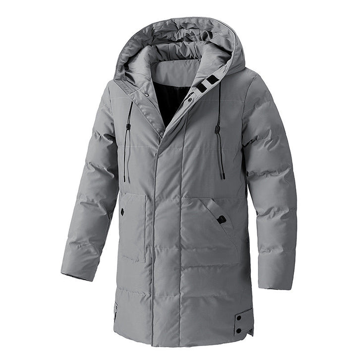 Manteau gris clair à capuche, vu de face sur fond blanc.