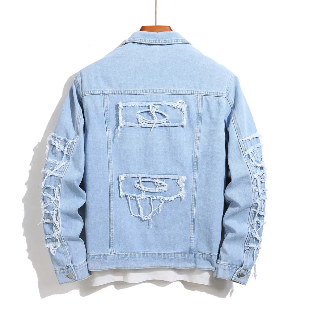 Veste boutonnée à détails effilochés bleu ciel — vue de dos
