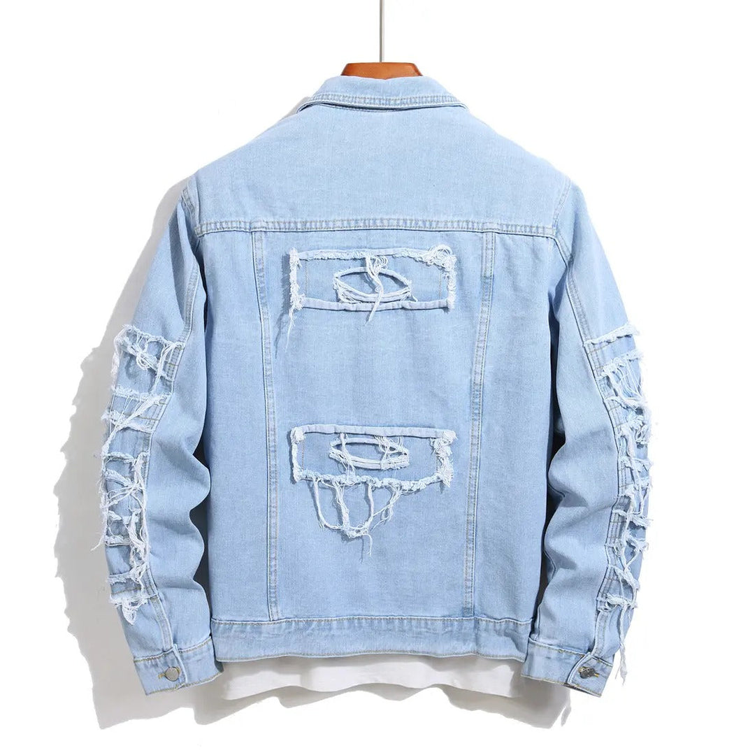 Veste boutonnée à détails effilochés bleu ciel — vue de dos