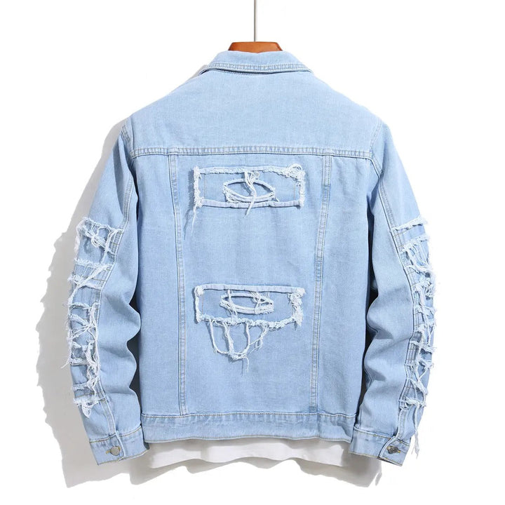 Veste boutonnée à détails effilochés bleu ciel — vue de dos