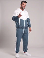 Ensemble veste patchwork et pantalon bleu gris — vue portée en pied