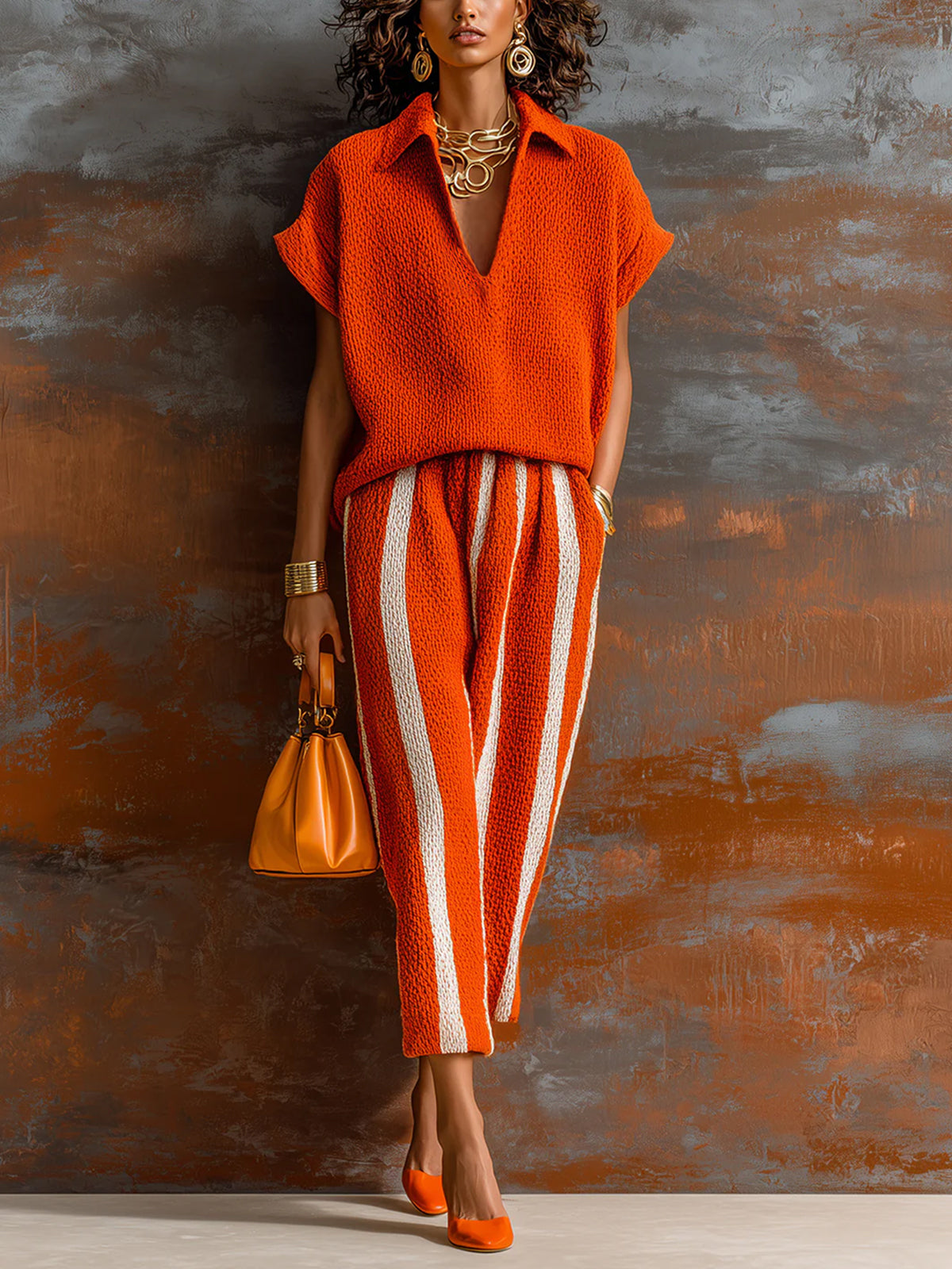 Ensemble maille orange et blanc — vue portée en pied, balcon ensoleillé, sac à main orange