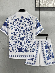 Ensemble chemise ethnique et short blanc et bleu — vue accrochée, chemise de dos et short