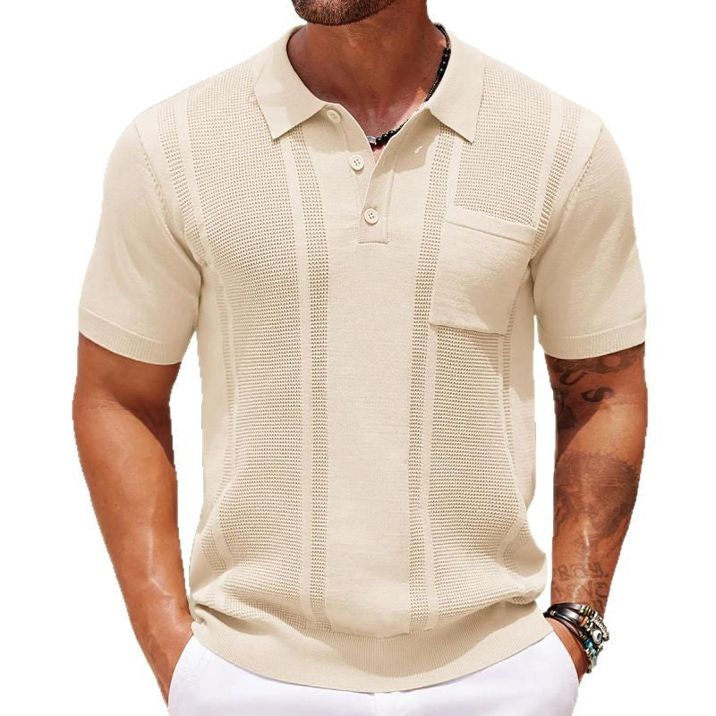 Polo en maille extensible beige — vue portée de face