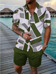 Ensemble chemise géométrique et short vert olive — vue portée en pied