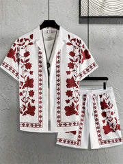 Ensemble chemise ethnique et short blanc et rouge — vue accrochée au mur, de face