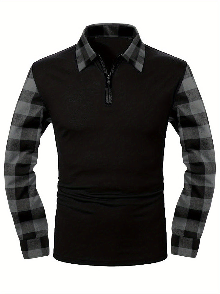Polo demi-zip motif carreaux, vue de trois-quarts