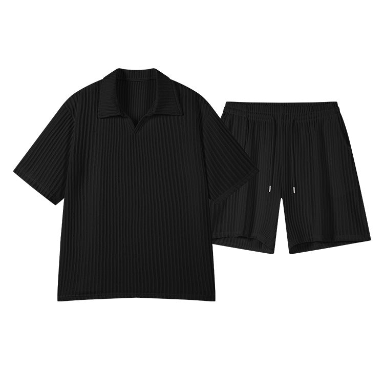 Ensemble polo col V noir, vue de face à plat