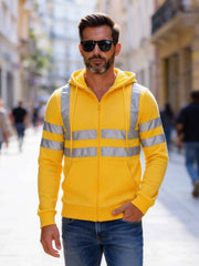 Sweat à capuche jaune à bandes réfléchissantes, vue portée de face