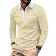 Polo à col zippé contrastant beige, col blanc — vue portée de face