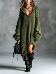 Robe midi à capuche asymétrique vert olive — vue portée en pied
