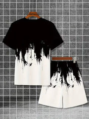 Ensemble t-shirt géométrique et short — vue à plat de trois-quarts, fond grillagé