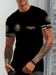 T-shirt noir imprimé Mexico — vue portée de trois-quarts, bandes dorées sur les manches