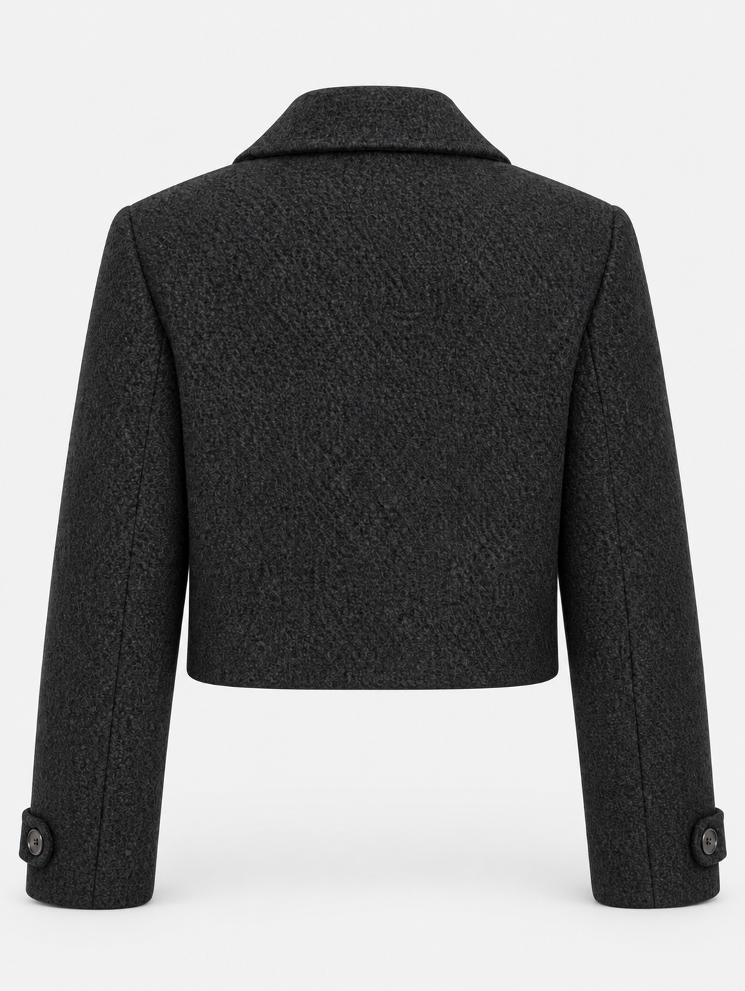 Veste courte noire à larges revers, pièce isolée de dos