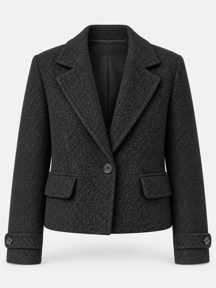 Veste courte noire à larges revers, pièce isolée de face