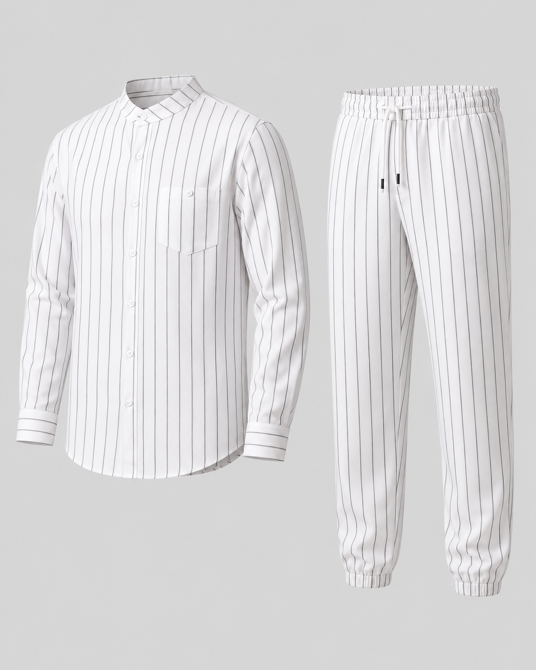 Ensemble chemise rayée et pantalon blanc, vue isolée de trois quarts
