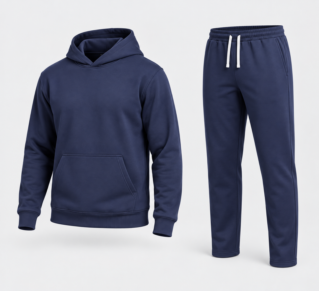 Ensemble bleu, sweat à capuche et pantalon, vue trois quarts