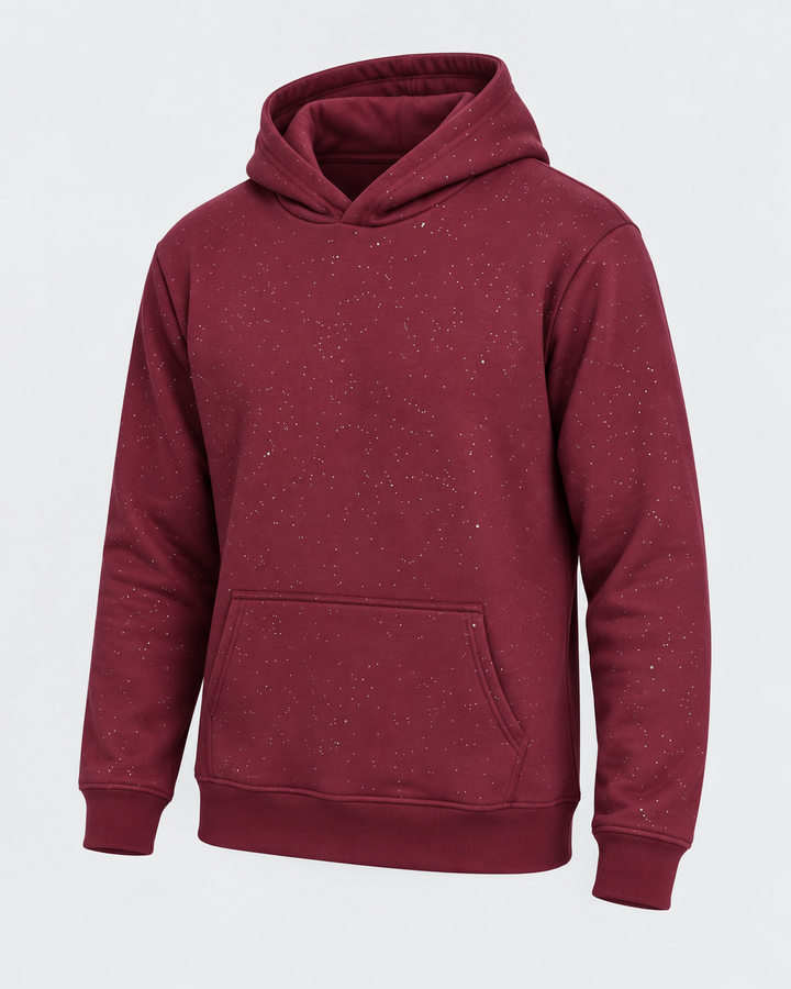 Sweat à capuche bordeaux à petits sequins argentés, vue trois quarts