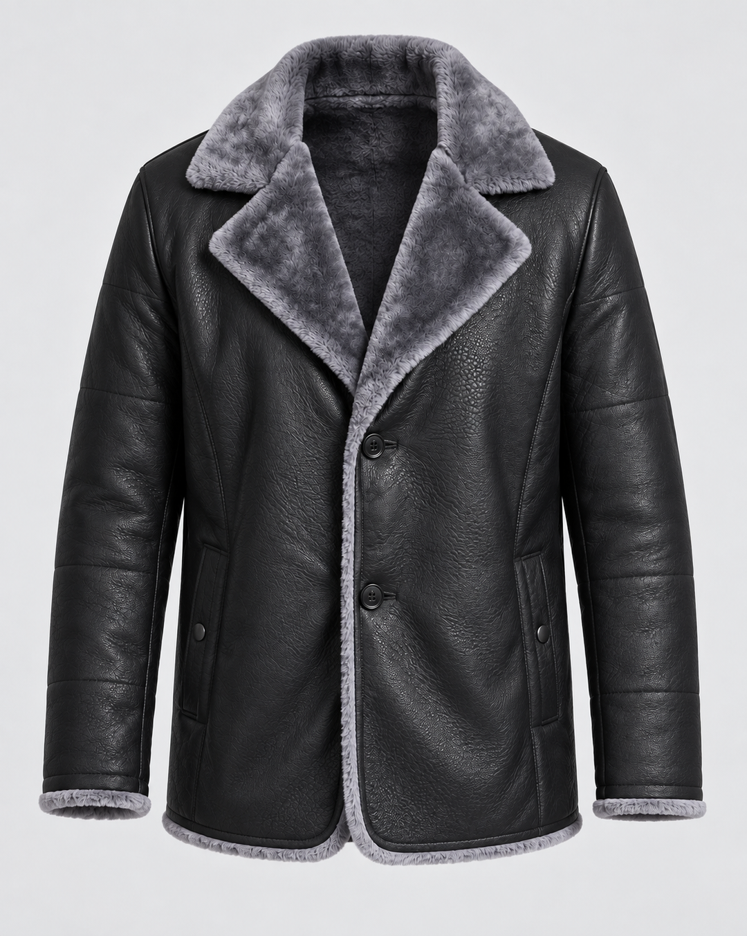 Veste noire à revers gris duveteux, vue de face