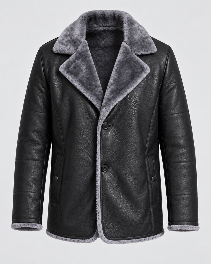 Veste noire à revers gris duveteux, vue de face