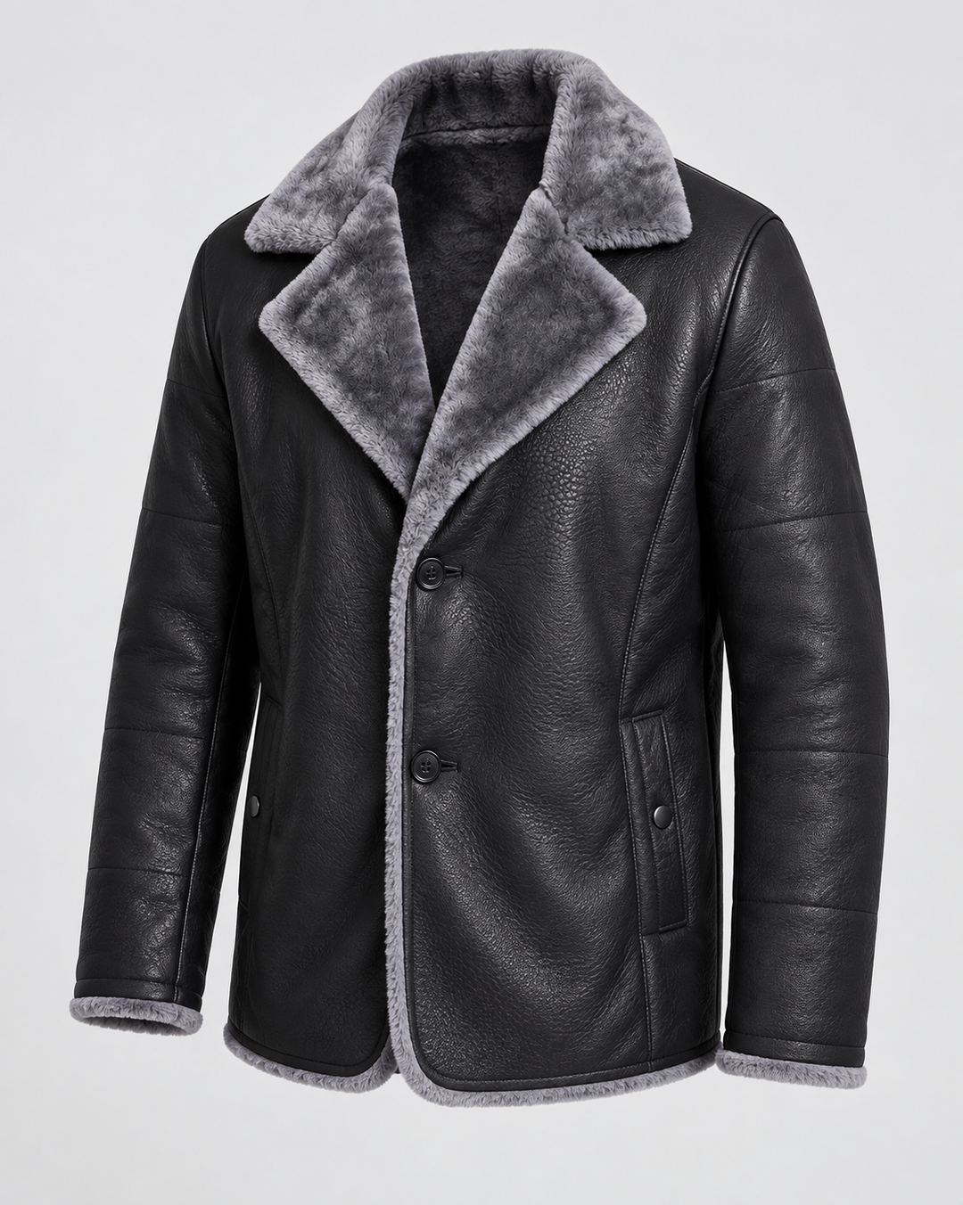 Veste noire à revers gris duveteux, vue trois quarts
