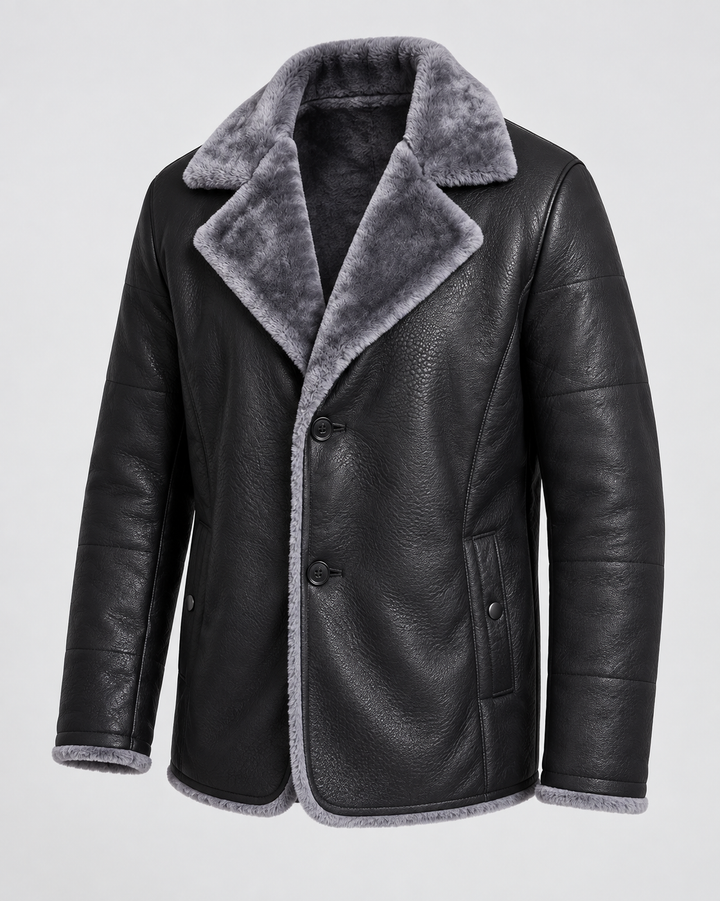 Veste noire à revers gris duveteux, vue trois quarts
