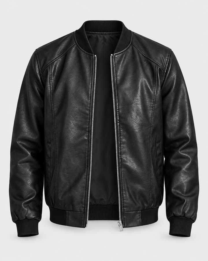 Blouson noir zippé, vue de face sur fond gris clair