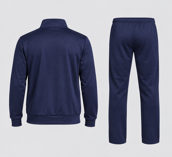 Ensemble veste zippée et pantalon bleu marine, vue de dos